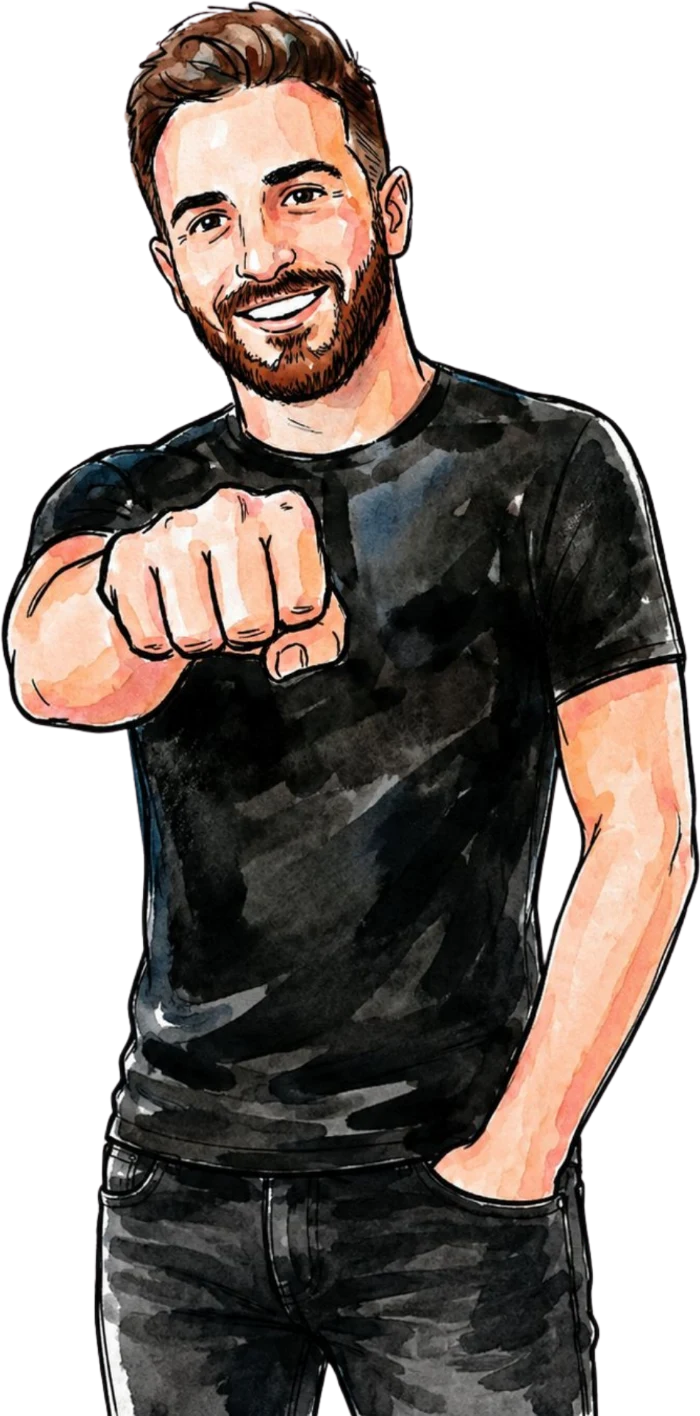 Illustrated portrait of Cory Blumenfeld offering a fist bump